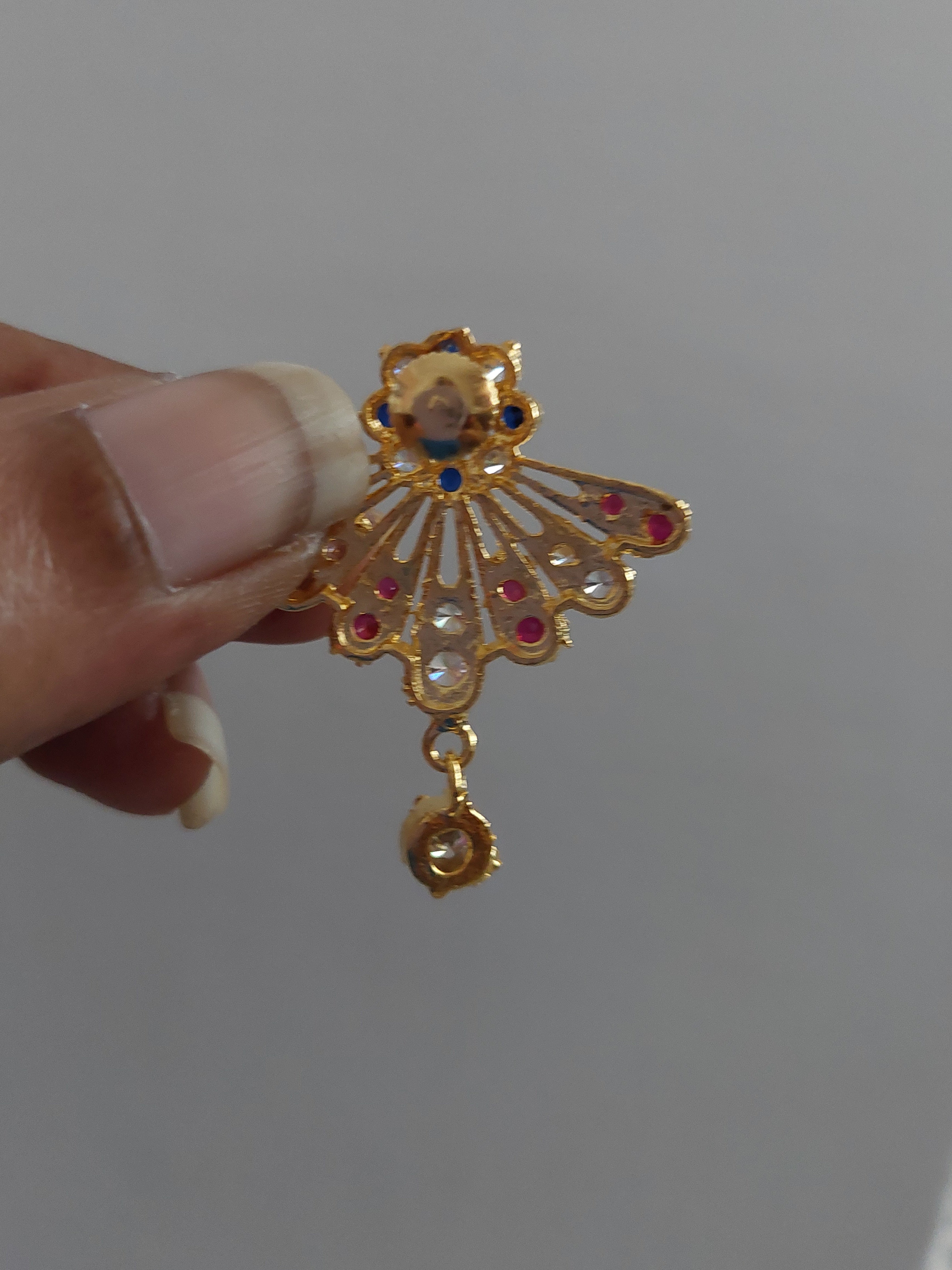Fan ruby red with navy blue earrings