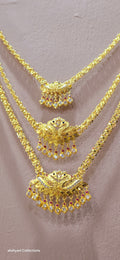 3 layer pendent chain not 916 gold. 28 inches length with decked peacock brooch. Code 808A.